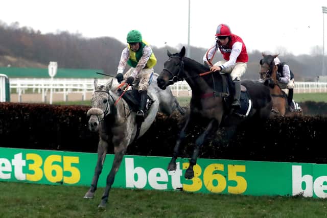 This is Lake View Lad (left) hitting the front in the 2018 Rehearsal Chase at Newcastle under Henry Brooke.