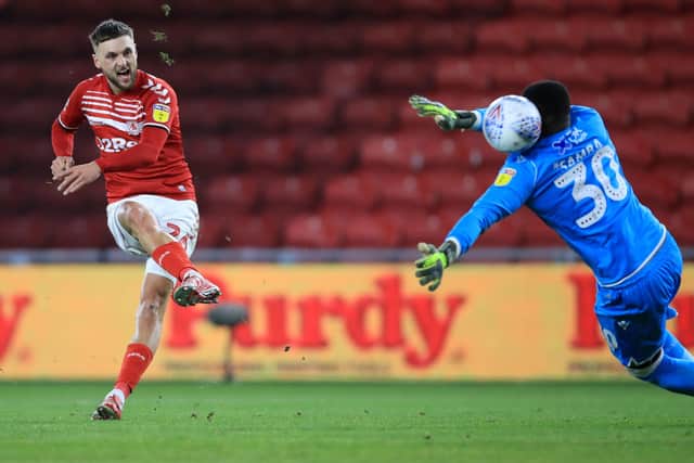 NICE FINISH: Lewis Wing scores Middlesbrough's second goal at the Riverside Stadium. Picture: Owen Humphreys/PA