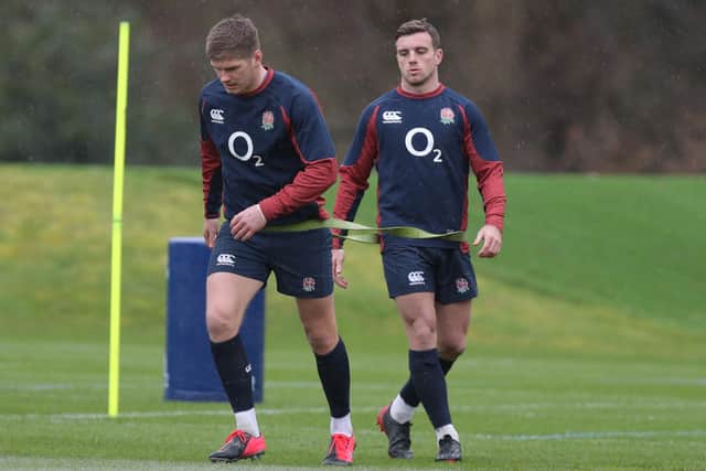 England's Owen Farrell (left) and George Ford during the training session at Pennyhill Park, Bagshot. Picture: Andrew Matthews/PA
