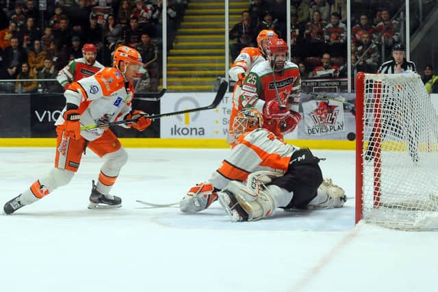 Blair Riley scores his first of the night against Sheffield Steelers at the Viola Arena on Friday. Picture: Dave Williams/EIHL.