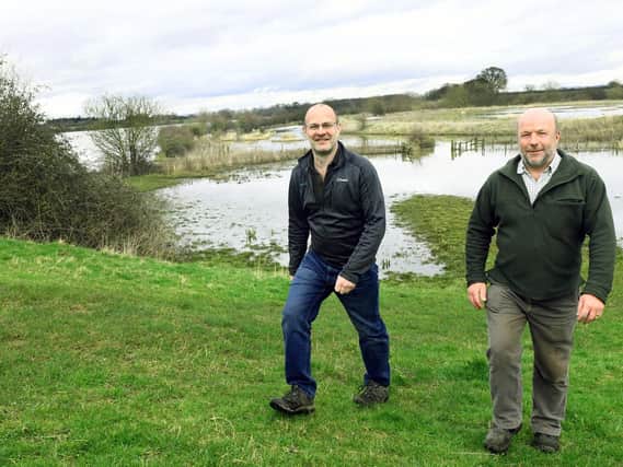 Craig Ralston, Senior Reserve Manager (left) with Nick Carter a Trustee of Friends of the Lower Derewent Valley at the Lower Derwent Valley Nature Reserve, Wheldrake.