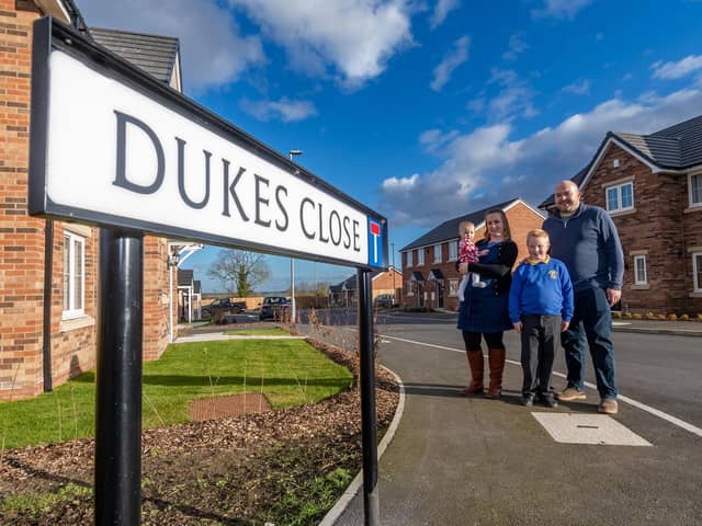 Pictured Ellen, 27, Brendan, 34, Dyson and their children Riley, 7, and Phoebe, aged 9 months, who have just bought their first home together through a shared ownership and are in the process of moving into the new home on Duke's Close, just off Hutton Road Hutton Cranswick, East Yorkshire. Pic: James Hardisty