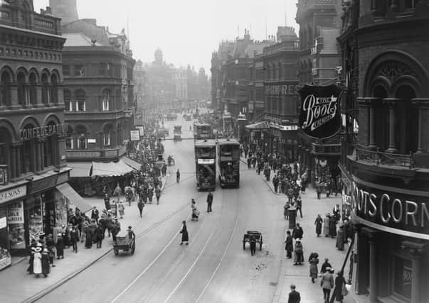 Trams on Boar Lane, Leeds, in 1921.