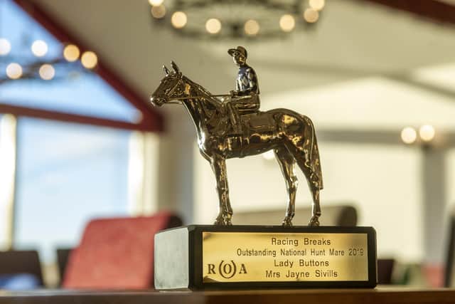 This is the trophy that Keith and Jayne Sivills collected when Lady Buttons was named the Racehorse Owners Association's National Hunt Mare of the Year in 2019.