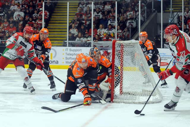 Sheffield Steelers' defend against Cardiff in the second period. Picture: Dave Williams/EIHL.