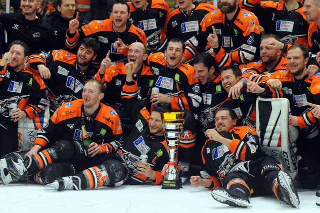 Sheffield Steelers' players celebrate their stunning Challenge Cup triumph in Cardiff. Picture: Dave Williams/EIHL.