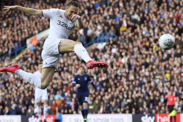 Luke Ayling scores for Leeds in their match against Huddersfield last Saturday. The Government is currently not advising for sporting events to take place behind closed doors. Picture: Getty