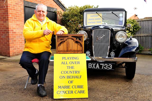 Pictured with his 1935 Austin 10 Litchfield which he is going to drive around the coast of England for Marie Curie, 73 year old  Mervyn Hoyl from Harrogate who has dedicated 35 years of his life to volunteering for Marie Curie.
Picture Gerard Binks
