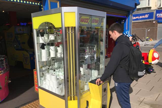 Eddy Chapman, who runs Chapmans Funland in Bridlington, has made the most of the national stockpiling trend by filling up one of its grabber machines with toilet rolls