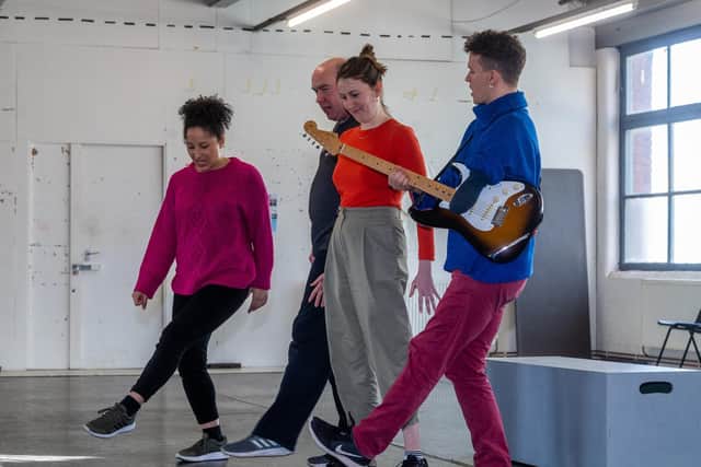 Cast members Danielle Henry, Jonathan Dryden Taylor and Max Runham with Tess Seddon in rehearsals for Say Yes To Tess in Leeds