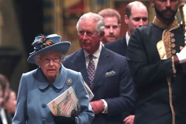 Queen Elizabeth II and the Prince of Wales leaving after the Commonwealth Service at Westminster Abbey, London on Commonwealth Day.