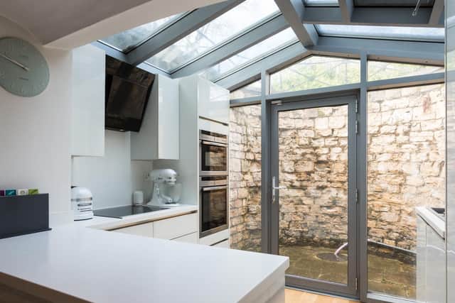 The glazed extension with contemporary kitchen