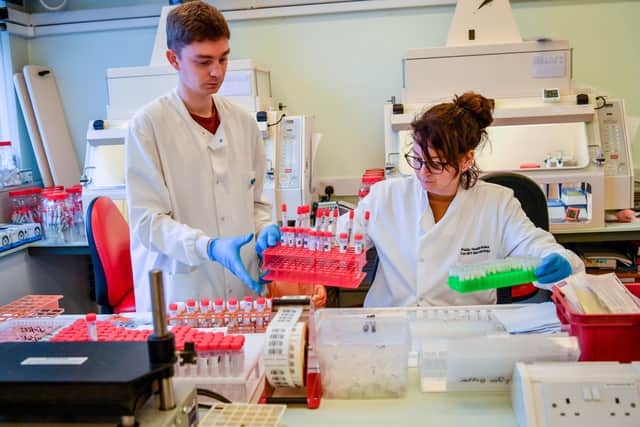 Lab technicians handle suspected COVID-19 samples as they carry out a diagnostic test for coronavirus in the microbiology laboratory inside the Specialist Virology Centre at the University Hospital of Wales in Cardiff.