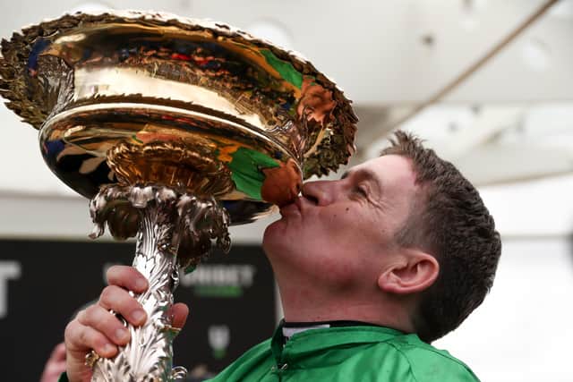 Barry Geraghty celebrates the Champion Hurdle win of Epatante.