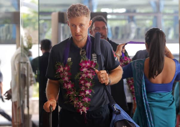England's cricket captain Joe Root arrives at the team hotel in Colombo, Sri Lanka. (AP Photo/Eranga Jayawardena)