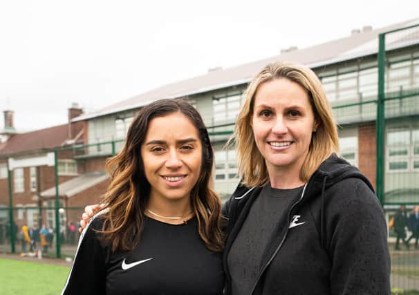 Promoting the game: Fulham's Chelcee grimes, left, and former England striker Kelly Smith