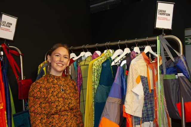 Sarah Thompson backstage with her designs at Graduate Fashion Week Presents at London Fashion Week last month.