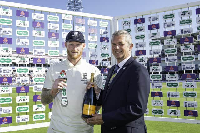 England's Ben Stokes receives the man of the match award from Yorkshire's Mark Arthur after last year's stunning Ashes win over Australia. Picture: Allan McKenzie/SWpix.com
