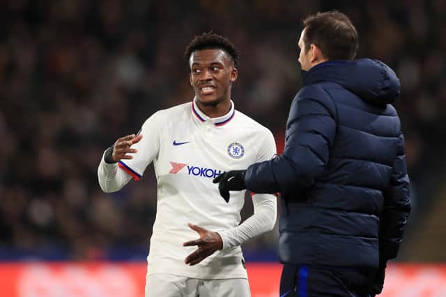 Chelsea's Callum Hudson-Odoi (left) speaks to manager Frank Lampard. Picture: Mike Egerton/PA