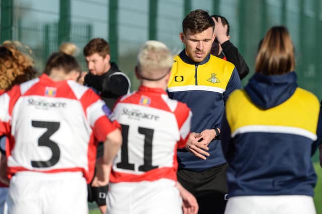 Andy Butler talks to the players during the defeat to Huddersfield in the Sheffield and Hallamshire FA County Cup. (Pictures: Heather King/Doncaster Belles)