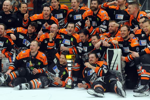 Sheffield Steelers' players celebrate their Challenge Cup triumph last Sunday. Picture: Dave Williams/EIHL