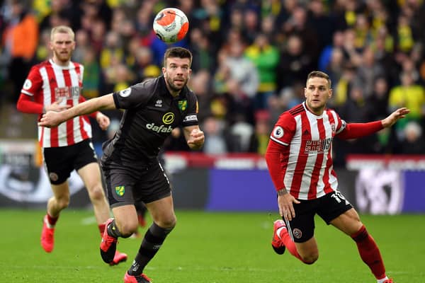 End of the season? Norwich City's Grant Hanley (left) and Sheffield United's Billy Sharp battle for the ball.