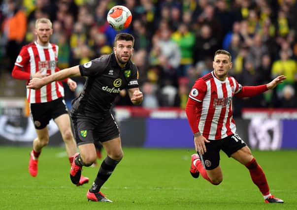 End of the season? Norwich City's Grant Hanley (left) and Sheffield United's Billy Sharp battle for the ball.