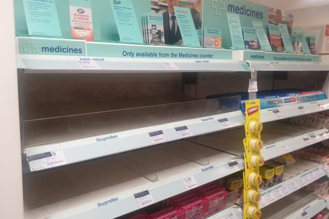 Empty shelves in a pharmacy in London, yesterday - PA photo
