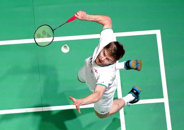 Bird’s eye view: Marcus Ellis serves in his mixed doubles semi-final on Saturday. (Picture: Morgan Harlow/PA)