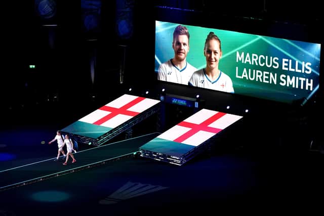 England's Marcus Ellis (left) and Lauren Smith walk out for the Mixed doubles semi final match during the YONEX All England Open Badminton Championships at Arena Birmingham. (Picture: Morgan Harlow/PA Wire)