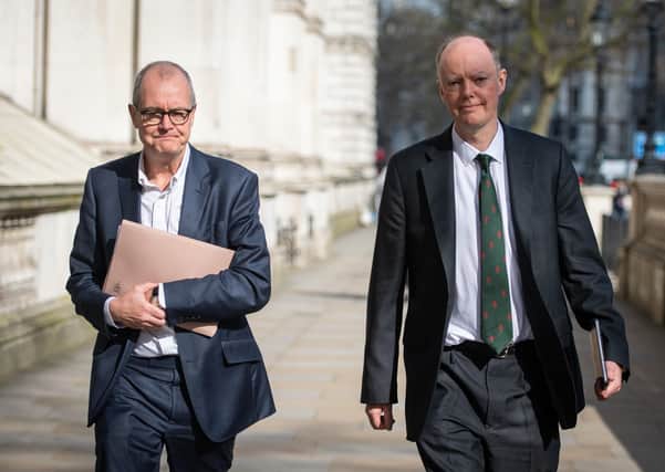 Chief Medical Officer for England Chris Whitty (right) and Chief Scientific Adviser Sir Patrick Vallance (left) in Whitehall, London, ahead of a meeting of the Government's emergency committee Cobra to discuss coronavirus.