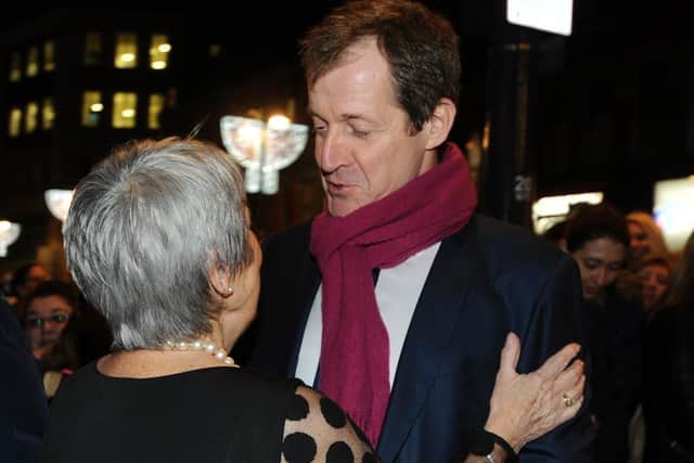 Alistair Campbell greets Angela Baker of the Calendar Girls at the Grand Theatre in Leeds before the premiere of The Girls in 2015.