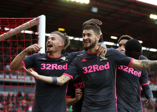 Leeds United's Mateusz Klich celebrates scoring his side's second goal against Barnsley in the Championship this season.