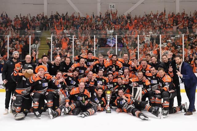 Sheffield Steelers' players and staff celebrate their Challenge Cup win in Cardiff earlier this month. Picture: Dean Woolley.