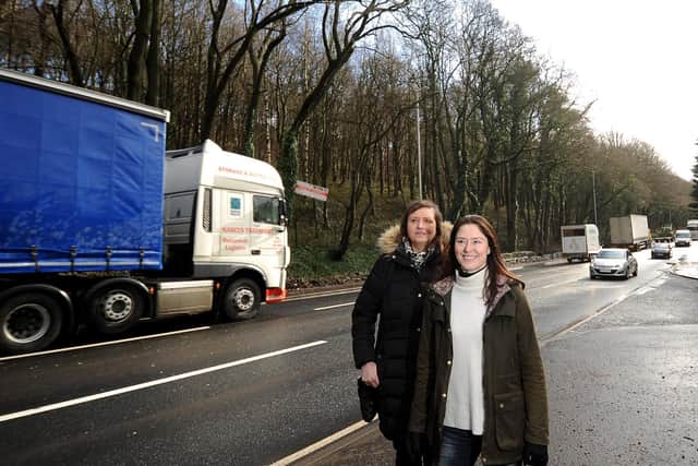 Campaigners Heather Peacock and Hannah Longbottom (l to r) by the A644. The woodland is on the opposite side of the road. Picture: Simon Hulme