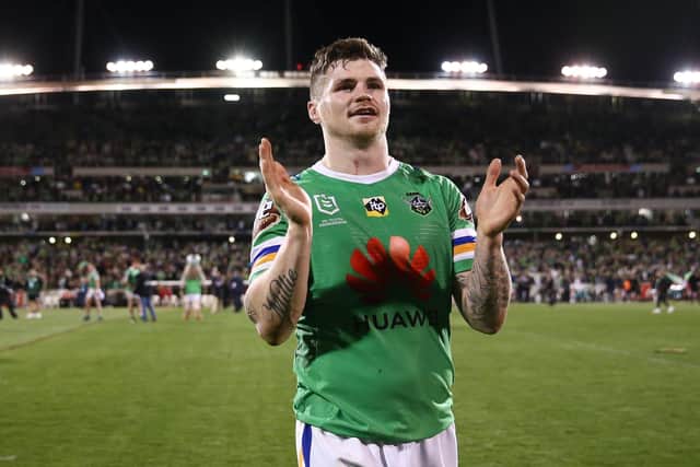 John Bateman celebrates at full time after the NRL Preliminary Final match between the Canberra Raiders and the South Sydney Rabbitohs in September last year. Picture: Brendon Thorne/Getty Images.