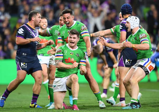 Canberra Raiders' John Bateman scores a try during the NRL Qualifying Final clash against Melbourne Storm in September last year. Picture: Quinn Rooney/Getty Images.