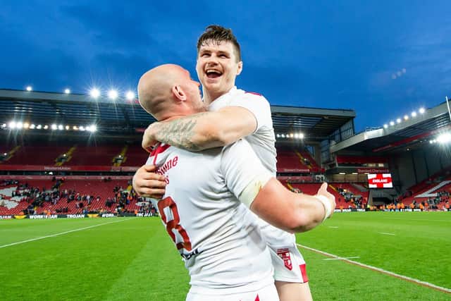 England's Chris Hill & John Bateman celebrate victory over New Zealand at Anfield in November 2018. Picture by Allan McKenzie/SWpix.com