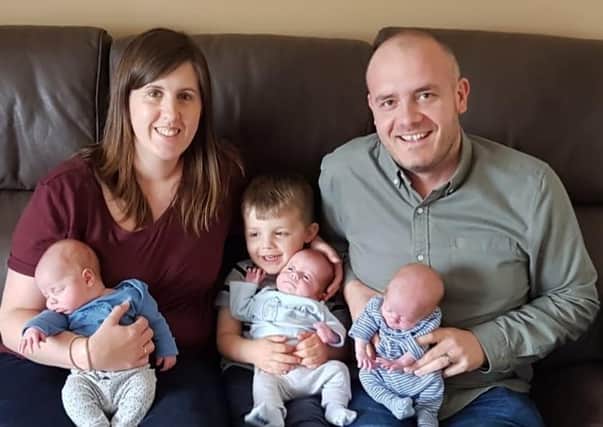 Jemma and Tony Hobbs with triplets Harry, Oscar and Oliver with eldest son Freddie