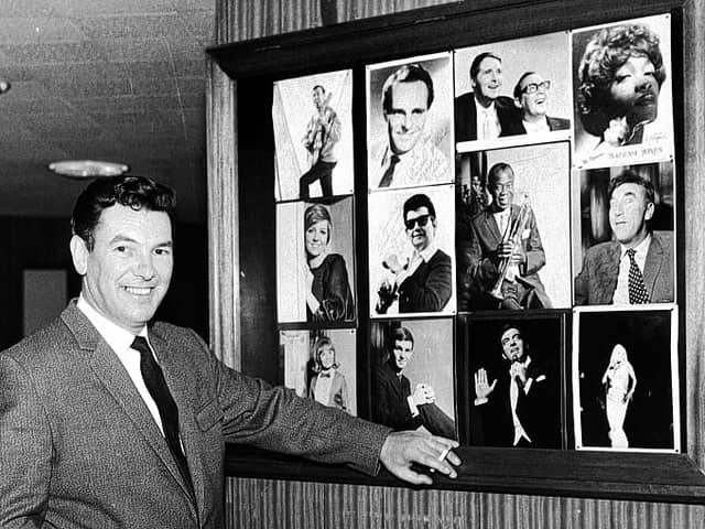 Batley Variety Club owner James Corrigan pictured in the foyer with some photographs of the many stars that performed there.  Included are, Cilla Black, Lulu, Roy Orbison, Morcambe and Wise, Louis Armstrong, Frankie Howerd, Salina Jones, Frankie Vaughan, Diana Dors, Tommy Cooper and Mike and Bernie Winters.  The club later became the Frontier Club.