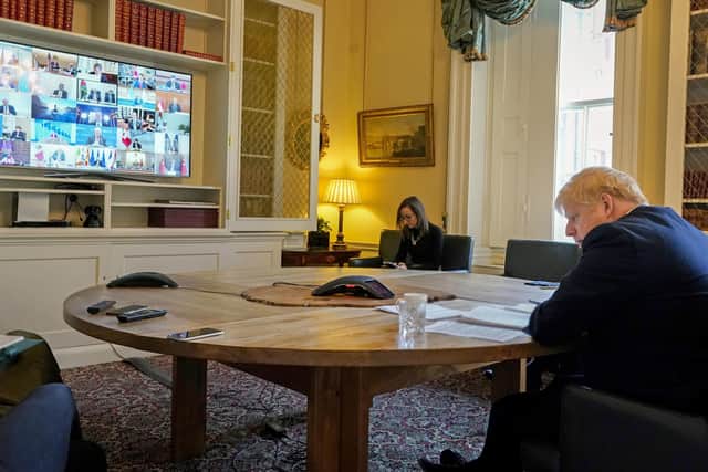 Boris Johnson during a meeting of G20 leaders via videolink.