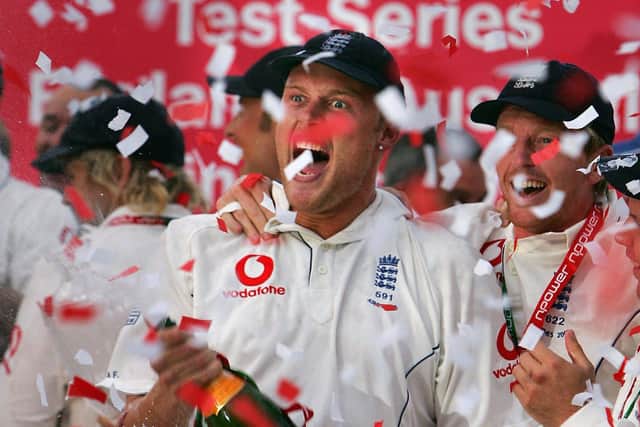 England's Andrew Flintoff (C) and Paul Collingwood celebrate after winning The Ashes after defeating Australia in the 5th Test Match in The Ashes at The Oval in London 12 September 2005. England won the series 2-1 (Picture: ADRIAN DENNIS/AFP/Getty Images)