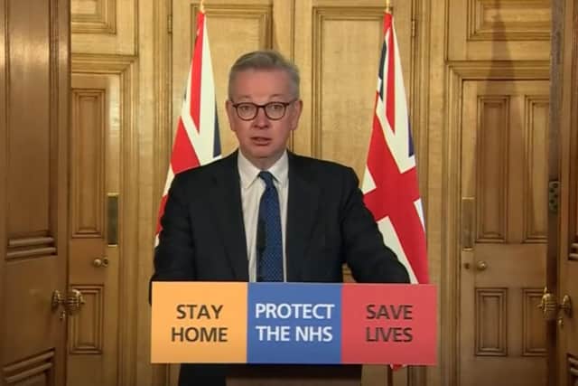 Michael Gove leading the coronavirus media briefing in Downing Street on Friday, March 27.