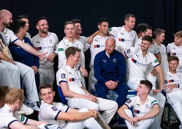 Yorkshire players share a joke with first team coach Andrew Gale at last season's media day.
