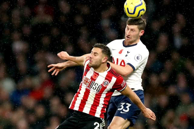 Sheffield United's George Baldock (left) and Tottenham Hotspur's Ben Davies battle for the ball, with the two still to play at Bramall Lane as both teams chase European qualification. Picture: Bradley Collyer/PA