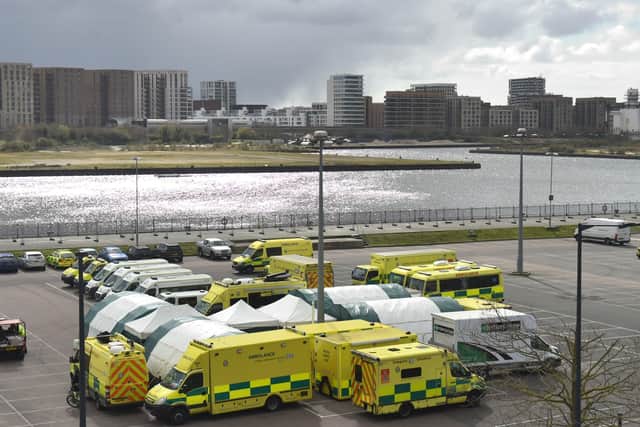 Ambulances at the ExCel centre in London which is being made into a temporary hospital - the NHS Nightingale hospital, comprising of two wards, each of 2,000 people, to help tackle coronavirus.
