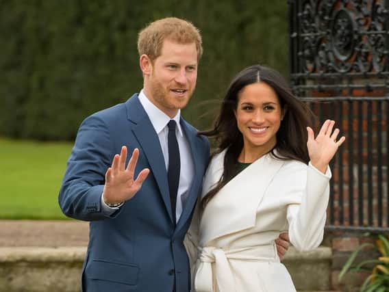 Prince Harry and Meghan Markle in the Sunken Garden at Kensington Palace, London, after the announcement of their engagement in 2017. Picture: Dominic Lipinski/PA Wire