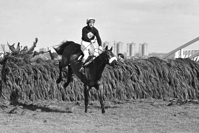 Tommy Stack and Red Rum clear the last in the 1977 Grand National.