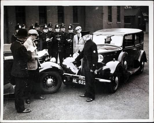Police recruits receiving instruction in making notes after a car accident, at the headquarters of the West Riding police in Wakefield (Photo by Fox Photos/Hulton Archive/Getty Images)