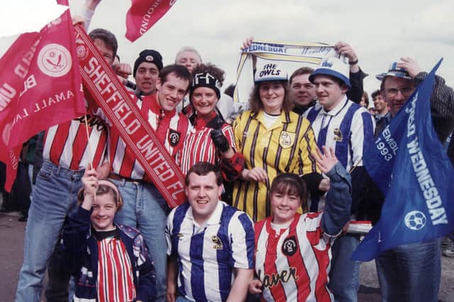 Sheffield Wednesday and Sheffield United fans on Wembley Way in 1993.